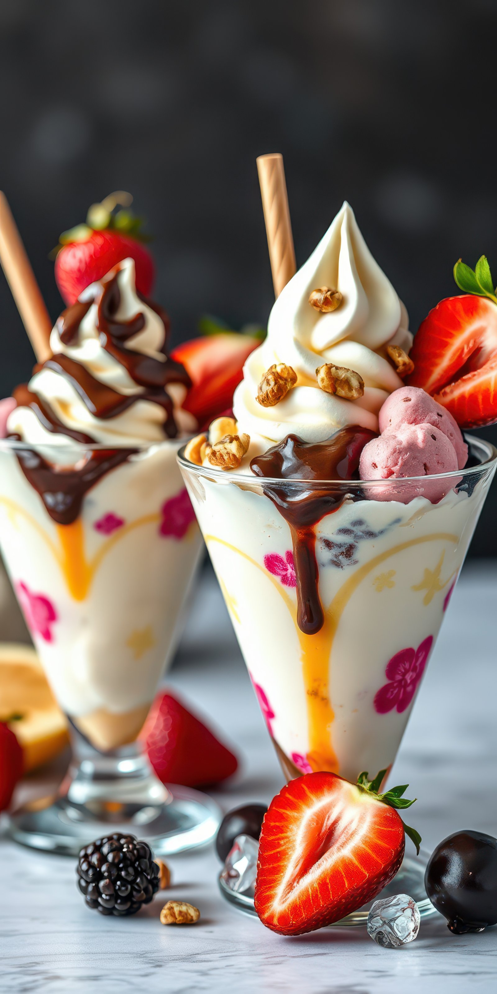 Delicious ice cream sundaes topped with fresh fruits and chocolate syrup displayed on a vibrant table setting